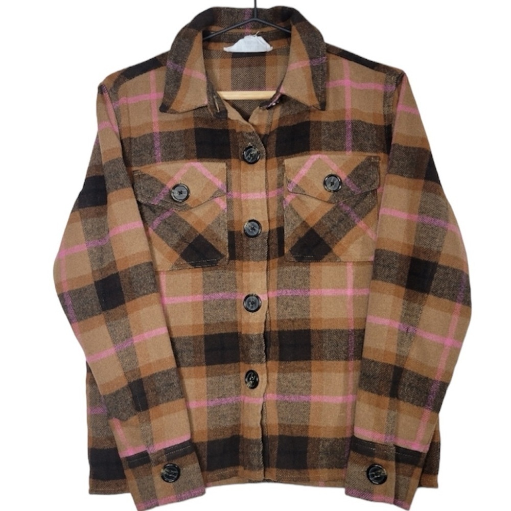 BB Dakota by Steve Madden Brown & Pink Plaid Button-Down Long Sleeve Shirt Sz XS - Picture 1 of 5